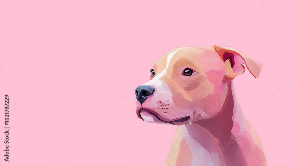 A cute dog with brown eyes looks to the side, against a bright pink background. A cute dog with brown eyes looks to the side, against a bright pink background.