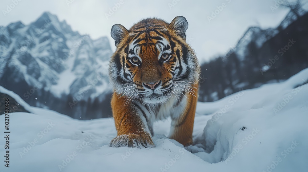 Obraz premium Cinematic wildlife photography capturing a photorealistic Siberian tiger in the snowy mountains, highlighting the majestic beauty of nature in high resolution