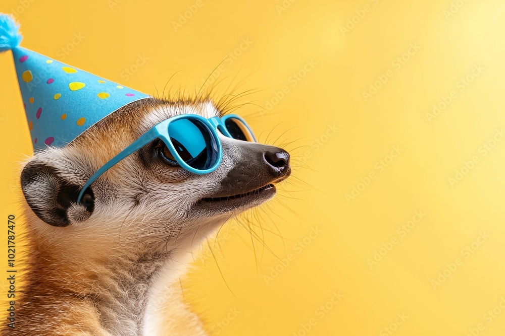 Over yellow background, a meerkat wears a party hat and sunglasses. generative art Over yellow background, a meerkat wears a party hat and sunglasses. generative art