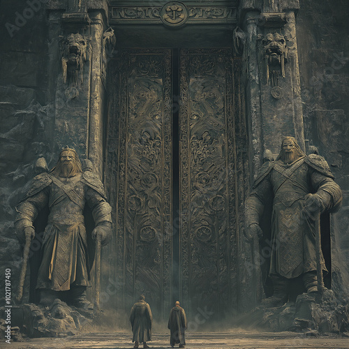 dwaven very elaborate enormous double dwarven door full of rune and artisan might, there is very small figure in front of to show the magnitude of the doors.  photo