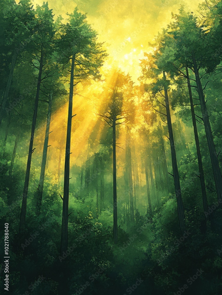 Obraz premium Sunlight shining through the trees in a forest