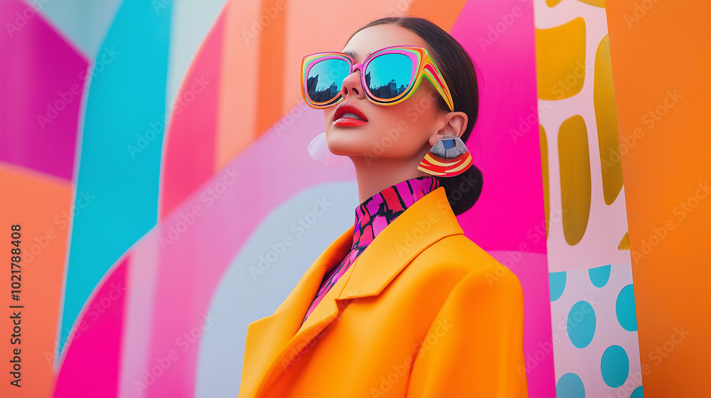 A woman in a bright orange jacket poses in front of a colorful wall. A woman in a bright orange jacket poses in front of a colorful wall.