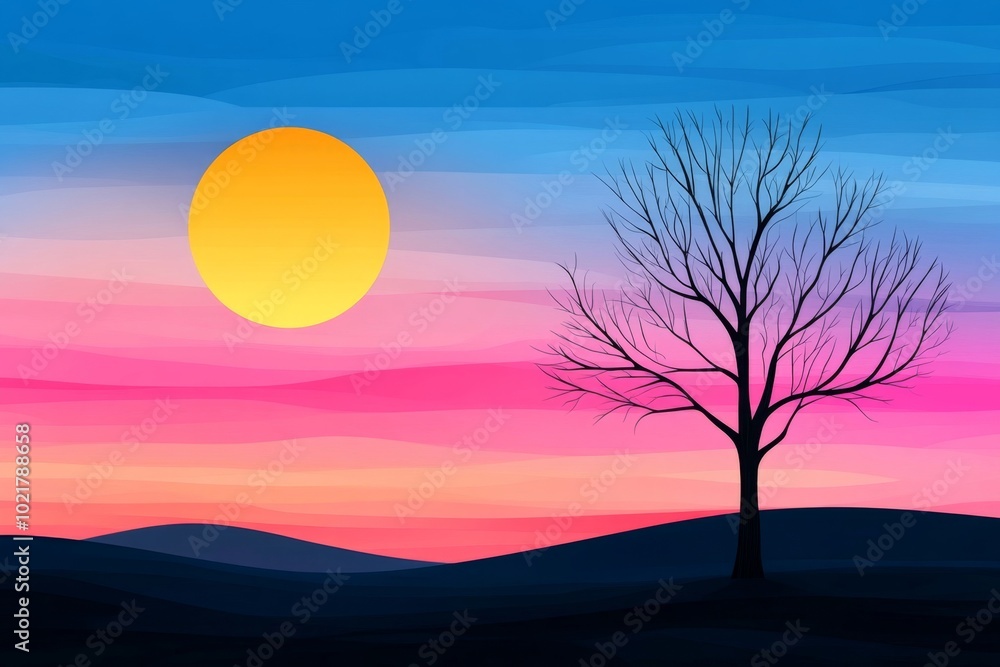Serene Winter Solitude: Minimalist Tree Silhouette against Vibrant Sunset Sky Serene Winter Solitude: Minimalist Tree Silhouette against Vibrant Sunset Sky