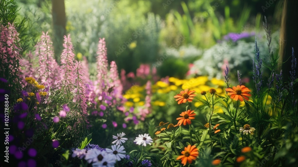 A peaceful garden filled with medicinal plants and flowers, showcasing their natural beauty A peaceful garden filled with medicinal plants and flowers, showcasing their natural beauty