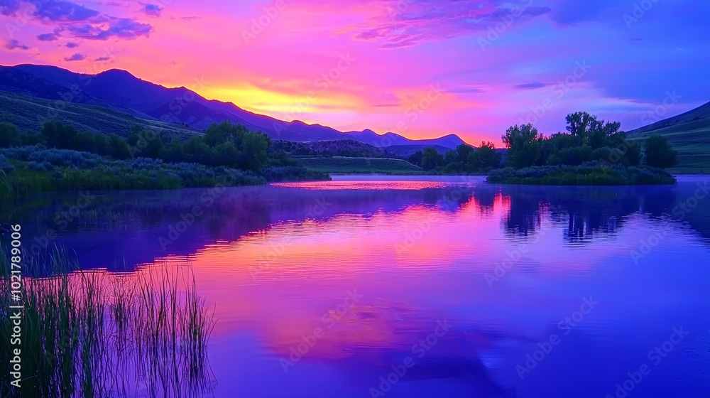 Fototapeta premium Serene Landscape of a Vibrant Sunset over a Tranquil Lake Generative AI