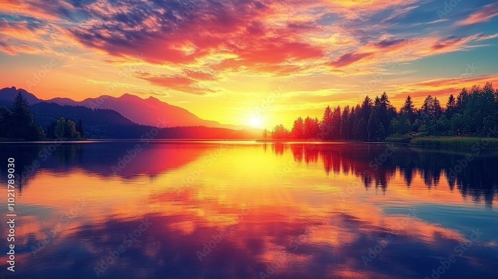 Obraz premium Serene Landscape of a Vibrant Sunset over a Tranquil Lake Generative AI