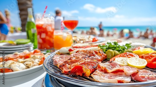 Having fun at the beach, BBQ party with people in the background, beach party, sea, grilled steak, grilled meat and skewers, fire, summer party, barbecue at the beach, people having fun, family and