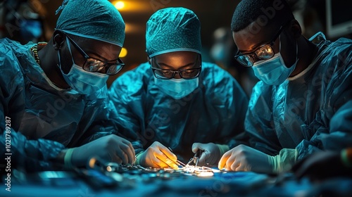 Three surgeons in operating room working on patient.