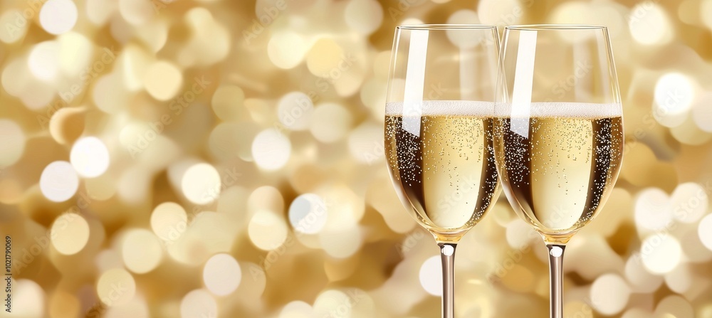 Greeting Card for Happy New Year, New Year's Eve, Christmas, celebration party event holiday. Closeup of bokeh lights and sparkling wine glasses. Greeting Card for Happy New Year, New Year's Eve, Christmas, celebration party event holiday. Closeup of bokeh lights and sparkling wine glasses.