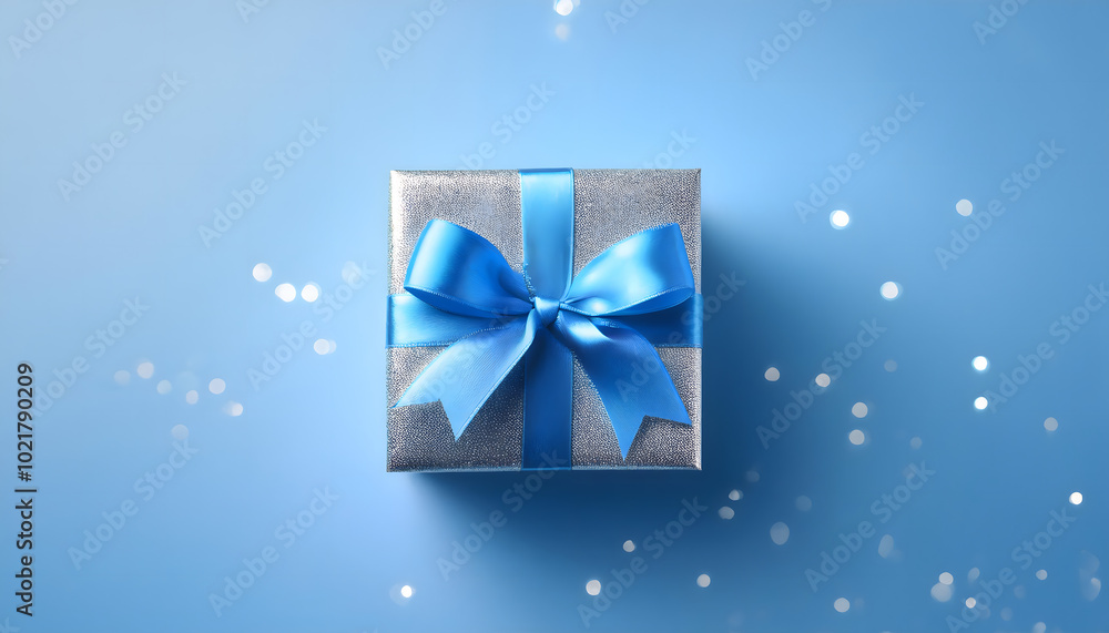 Small Gift Box with Silver Ribbon on Blue Small Gift Box with Silver Ribbon on Blue