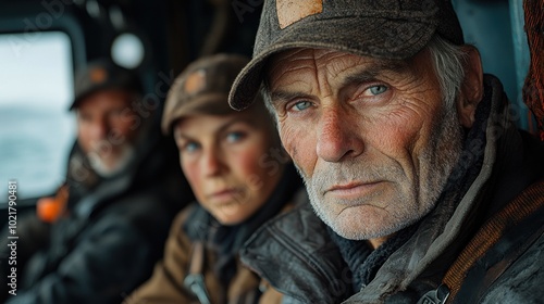 Three people sitting in a vehicle, the man in the middle looking directly at the camera.