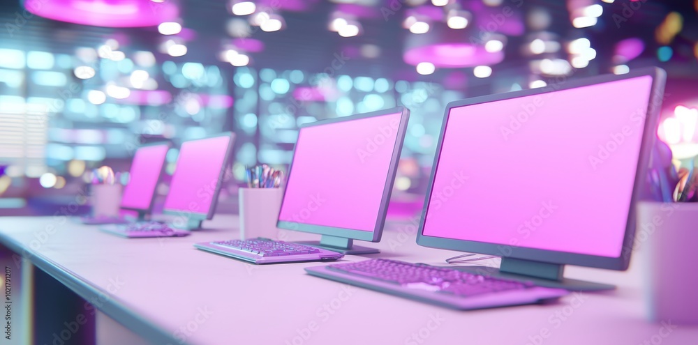 An internet cafe with modern computers for gaming. High-end specifications in a modern design. An internet cafe with modern computers for gaming. High-end specifications in a modern design.