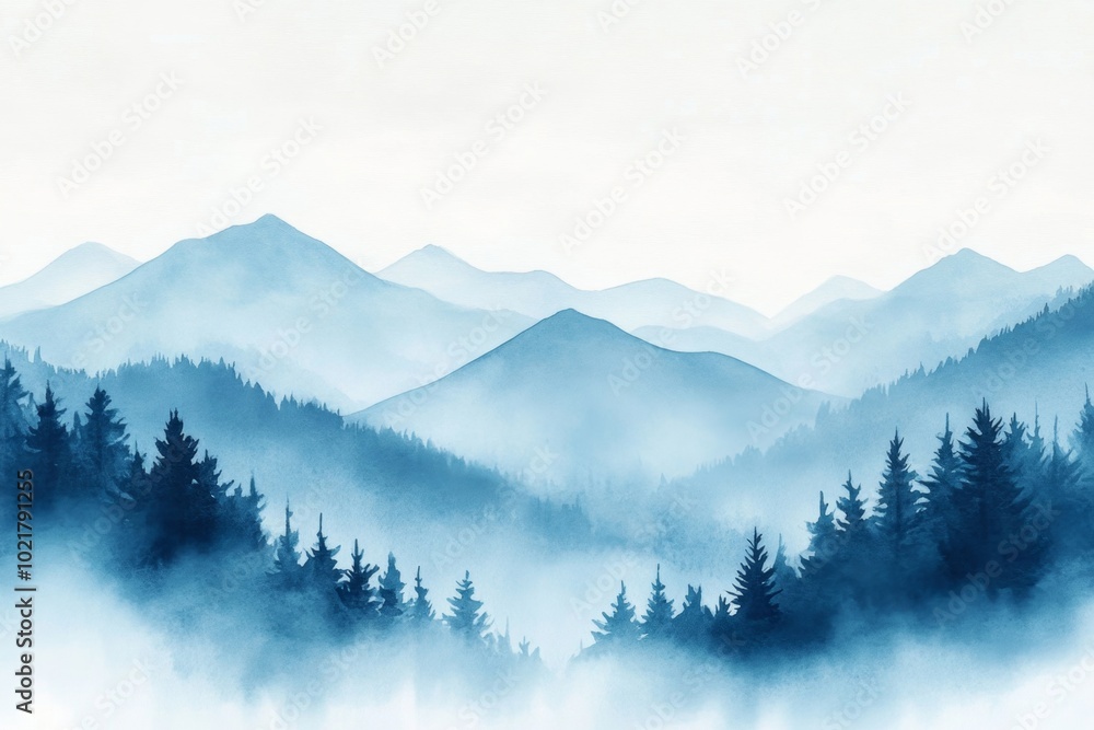 Serene Misty Mountain Landscape with Pine Trees in Blue Watercolor Illustration Serene Misty Mountain Landscape with Pine Trees in Blue Watercolor Illustration