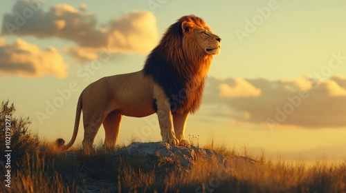 A powerful lion standing atop a hill, symbolizing strength and heritage photo