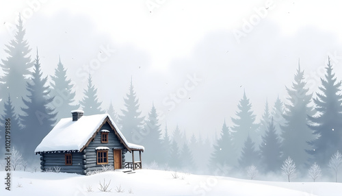 Cozy wooden cabin in a snowy landscape surrounded by evergreen trees on a foggy winter day with copy space.
