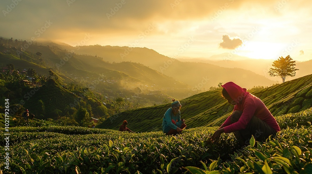 Fototapeta premium A group of individuals plucking tea leaves on a verdant hillside as the sun descends beyond the mountains in the background