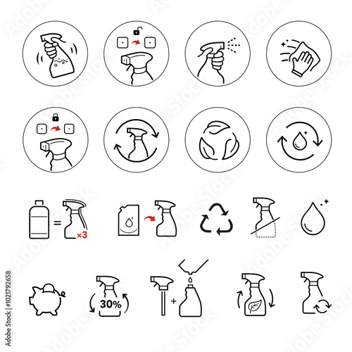 Trigger spray icon set. Set of vector icons including spray bottle instructions and icons with main advantages. The outline icons are well scalable and editable. Can be used for cleaning products. EPS