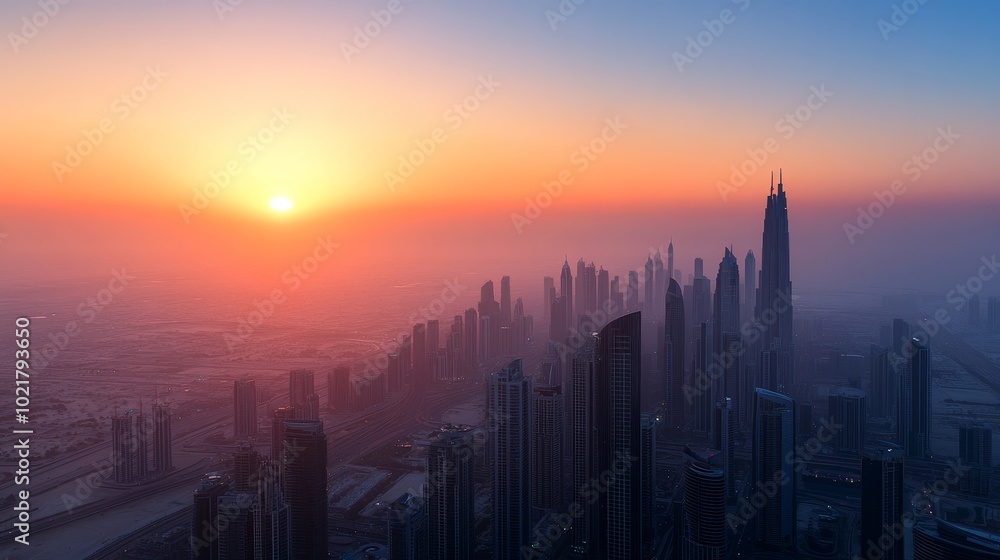 Fototapeta premium Dubai city skyline at sunrise from an elevated perspective, showcasing the city's iconic skyscrapers and urban landscape.