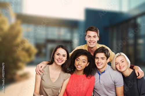 College students study together near campus outdoor