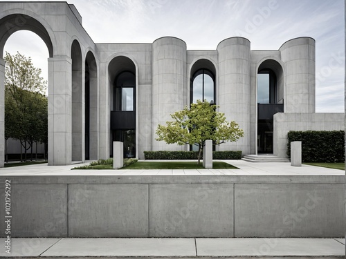 Abstract building exterior. Concrete building exterior with garden.