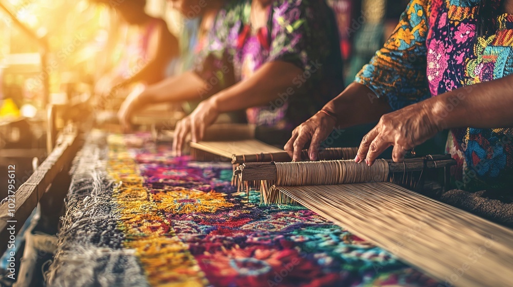 A group of people work diligently on a wooden piece with a weaving machine in the foreground, while a vibrant rug adorns the background A group of people work diligently on a wooden piece with a weaving machine in the foreground, while a vibrant rug adorns the background