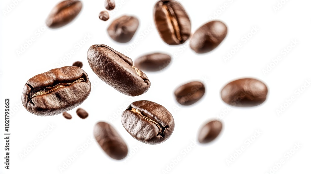 Falling coffee beans isolated against a white background. Falling coffee beans isolated against a white background.