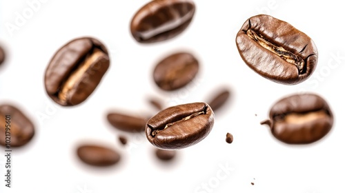 Falling coffee beans isolated against a white background.