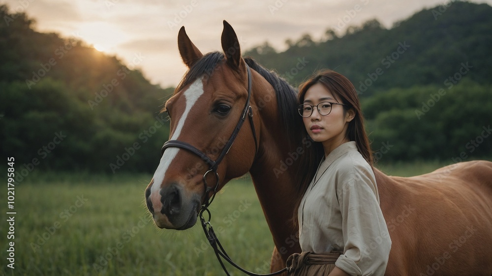 Fototapeta premium Young asian woman with long dark hair standing next to brown horse in grassy field at sunset