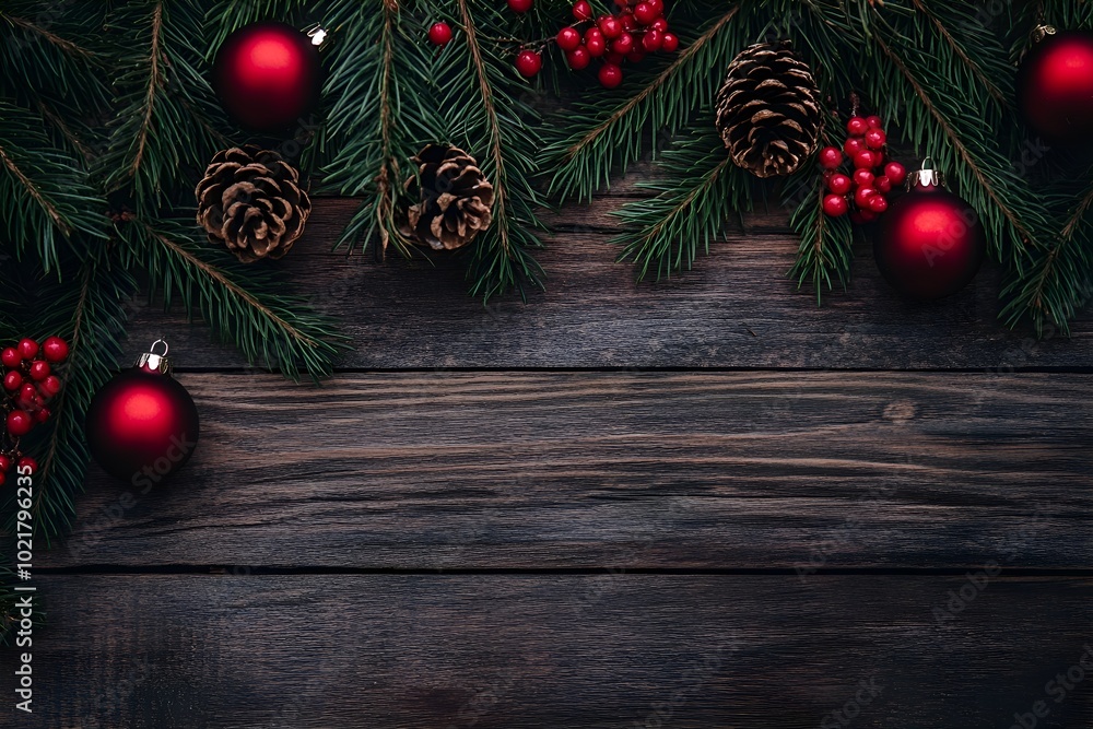 Christmas template with fir branches and decorations on dark wood background. Copy space. Christmas template with fir branches and decorations on dark wood background. Copy space.