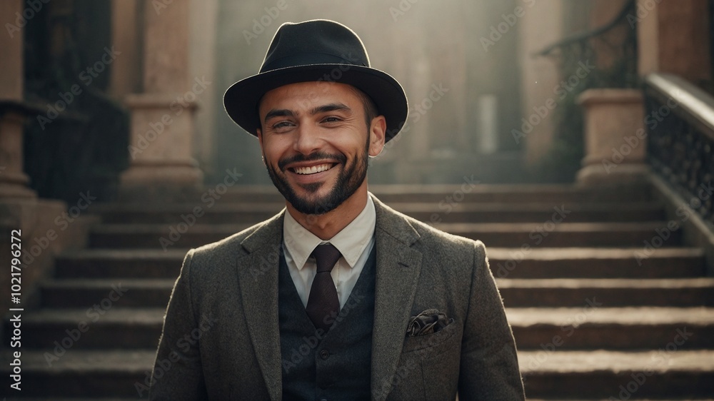 Middle-aged Caucasian man with short dark hair and beard, wearing black hat, suit, and tie, standing in front of blurred urban background Middle-aged Caucasian man with short dark hair and beard, wearing black hat, suit, and tie, standing in front of blurred urban background