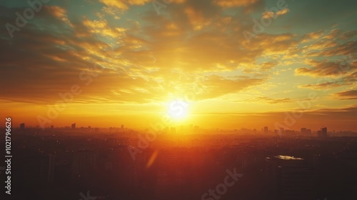 A serene sunrise over a city skyline, casting warm hues of orange and gold, symbolizing new beginnings