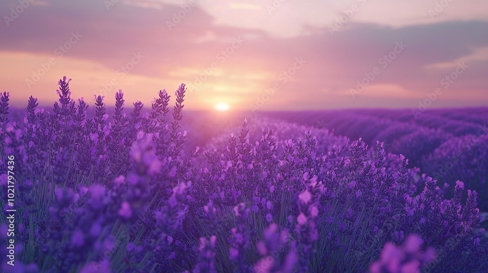 Fototapeta premium A lavender field with the sun setting in the distance is a sight to behold The soft colors and gentle sway of the flowers create a serene atmosphere, while the fading sunlight adds
