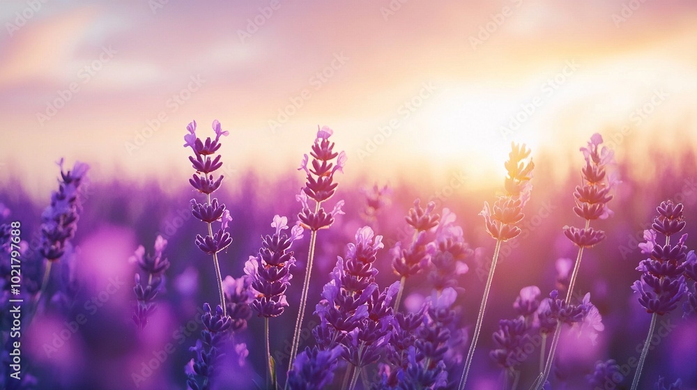 Naklejka premium An image of a lavender field illuminated by the sun through cloudy skies, with the sky in the foreground