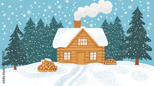 illustration of a cozy wooden cabin covered in snow, surrounded by pine trees. Include details like smoke rising from the chimney, a stack of firewood.