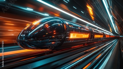 Futuristic high-speed train travelling through a tunnel with glowing lights and streaks of motion.