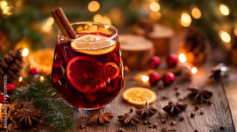 Warm holiday drink with citrus and spices served in a cozy setting during winter festivities Warm holiday drink with citrus and spices served in a cozy setting during winter festivities