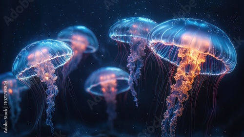 A group of bioluminescent jellyfish swim in a dark blue ocean.