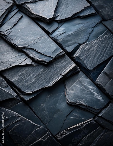 Slate texture background. Close up of a rock wall in black color. The wall is made of stone and rough