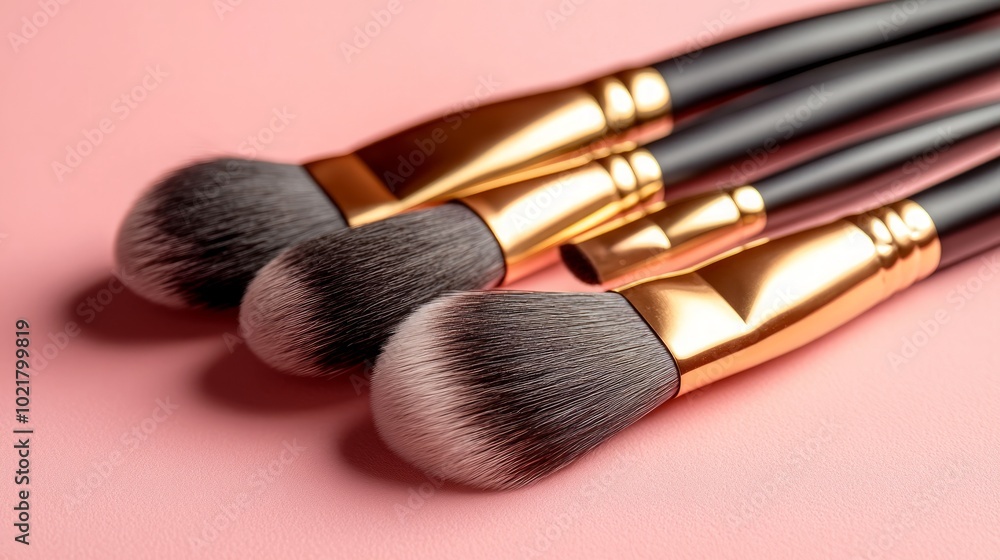 Close-up of a set of four makeup brushes with black handles and gold accents on a pink surface. Close-up of a set of four makeup brushes with black handles and gold accents on a pink surface.