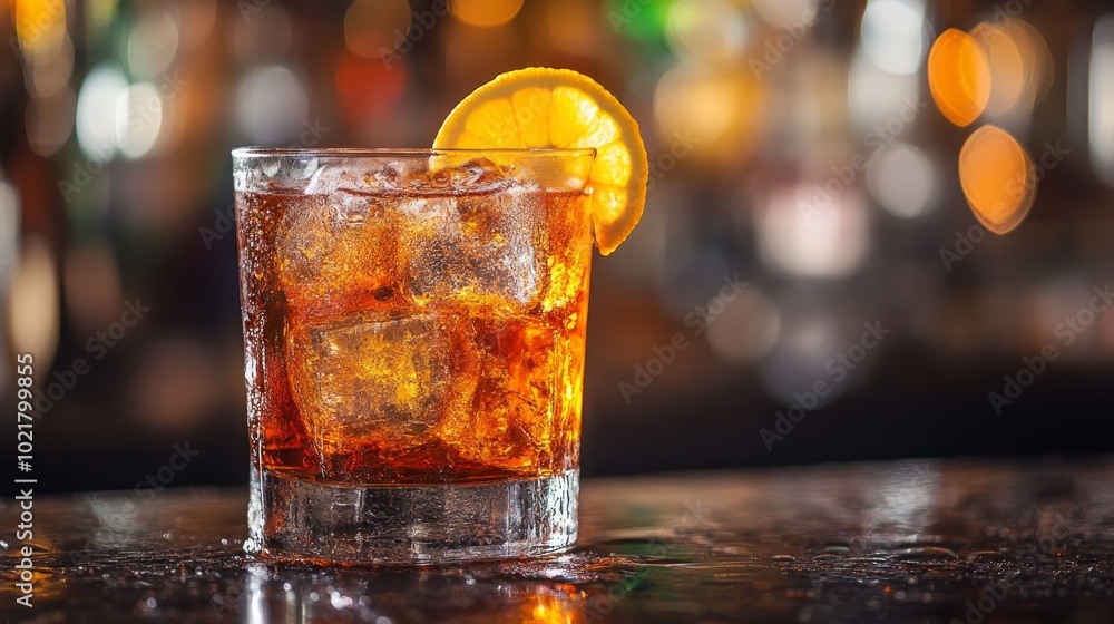 Close-up of a refreshing brown cocktail with ice and a lemon slice garnishing the glass on a bar counter. Close-up of a refreshing brown cocktail with ice and a lemon slice garnishing the glass on a bar counter.