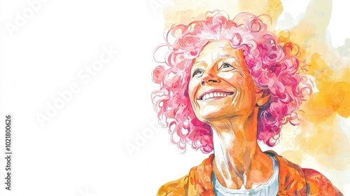 Old White Woman with Pink Curly Hair watercolor illustration.