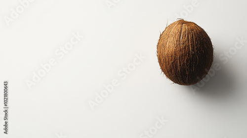 A single coconut, ready for beauty products, against a plain white backdrop. It's a tropical fruit, perfect for natural cosmetics.