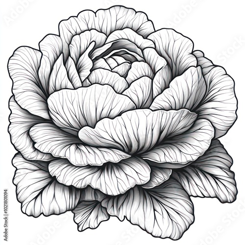 A detailed line drawing of a blooming rose with many petals.