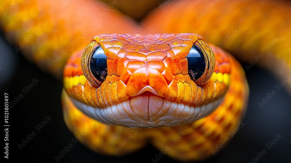 Fototapeta premium Close-up of a vibrant orange snake's head with black eyes staring directly at the camera.