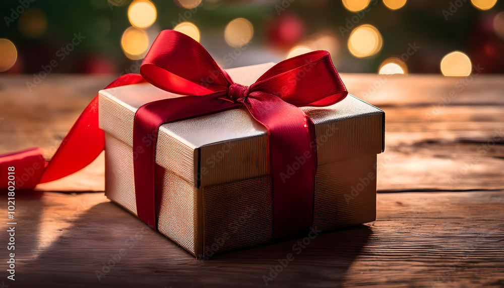 Gift Box with Red Ribbon on Wooden Background Gift Box with Red Ribbon on Wooden Background