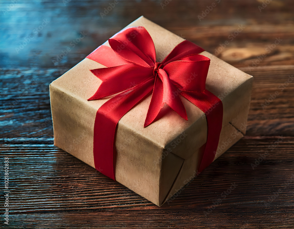 Gift Box with Red Ribbon on Wooden Background Gift Box with Red Ribbon on Wooden Background