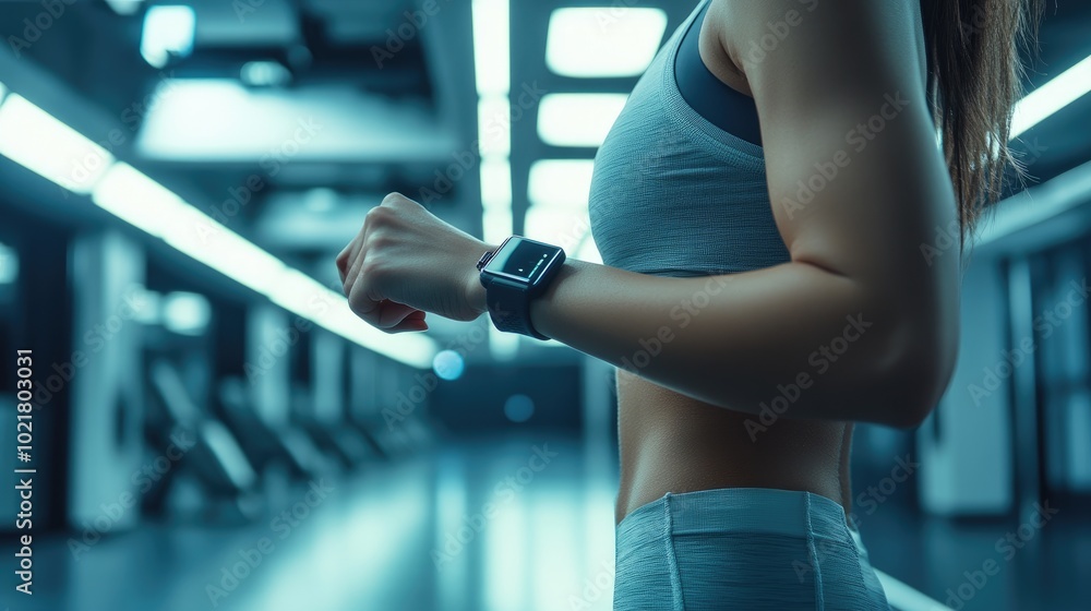 Fit Woman Checking Smartwatch During Workout in Modern Gym Setting Fit Woman Checking Smartwatch During Workout in Modern Gym Setting