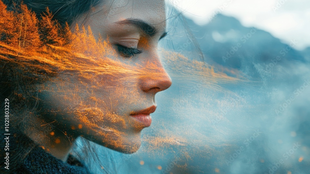Serene Double Exposure Portrait with Nature Elements and Trees Serene Double Exposure Portrait with Nature Elements and Trees