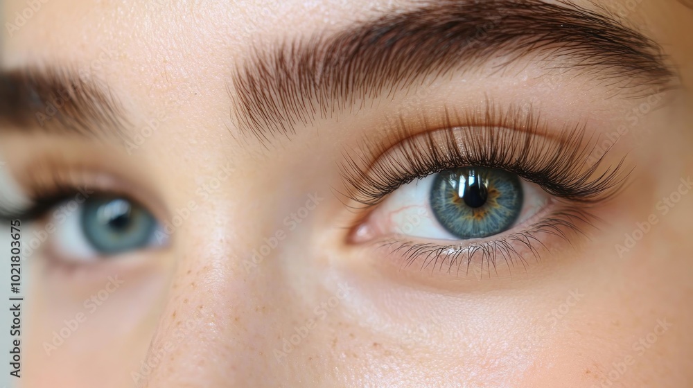 Obraz premium Close-up of a woman's blue eyes with long eyelashes.