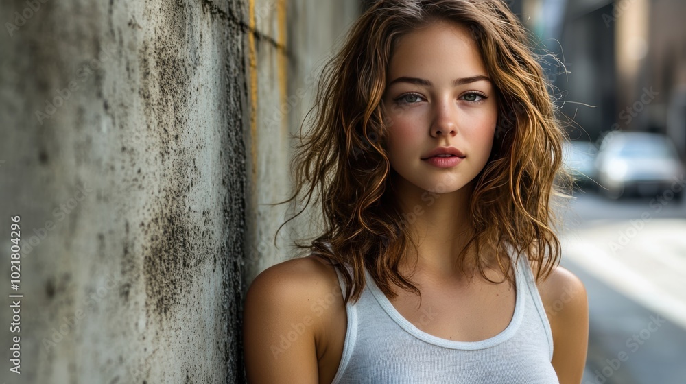 Fototapeta premium High-Key Portrait of a Confident Young Woman in Urban Setting with Soft Light